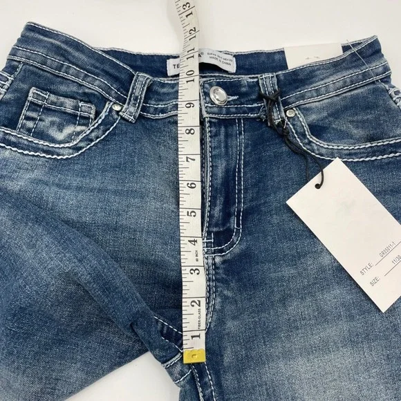 TELEPATIA Womens Blue Wash Wide Leg Mid Rise Jeans Size 11 30 Embellished Pocket - Picture 6 of 9